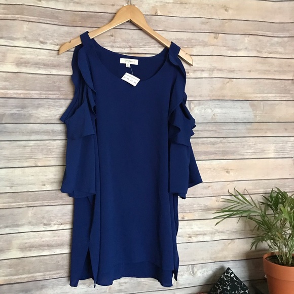 Umgee | royal blue ruffle cold shoulder top blouse - Picture 2 of 5